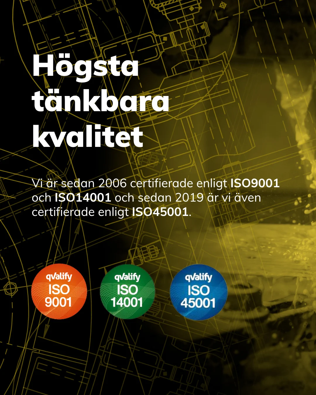 The text "Highest Possible Quality" appears in large, bold type at the top of the image. Below the text, it explains that the company has been certified to ISO 9001 since 2006, to ISO 14001, and, since 2019, to ISO 45001 as well. At the bottom, three symbols in different colors are displayed: a red circle with the text "ISO 9001," a green circle with the text "ISO 14001," and a blue circle with the text "ISO 45001." The background features a technical drawing or graphic in a shade of yellow.