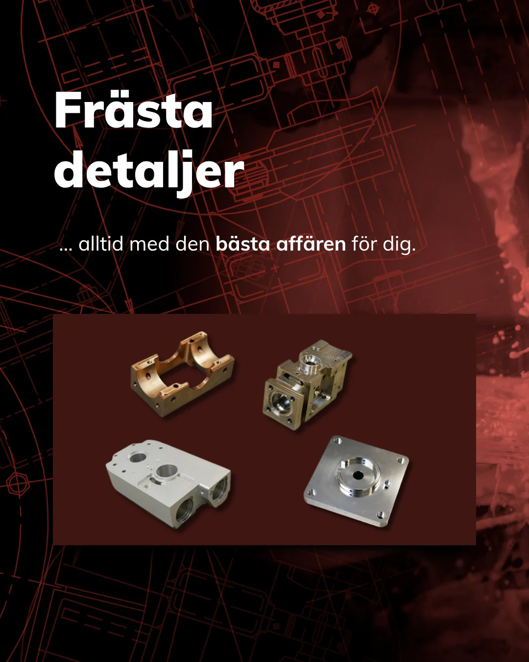 Four different metal machine parts with varying shapes and surface finishes. At the top left is a part with a bronze-like finish, while the other parts have a silver-colored surface. The parts are arranged against a dark background that highlights the details. In the background is a technical drawing with red lines and shapes. The text "Milled Parts" and a slogan about the best deal are placed at the top.