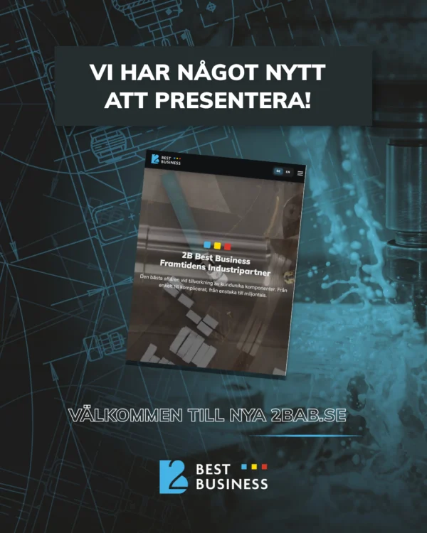 Reklam för "2B Best Business", med texten "Vi har något nytt att presentera!" över en bakgrund av tekniska ritningar och vatten. En skärmdump av en webbplats illustrerar företagets tjänster, med rubriken "Framtidens Industripartner" och en slogan om effektiv tillverkning av komponenter. Företagets logotyp visas i nedre vänstra hörnet.
